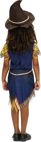 Vista 5 de Disfraz de espantapájaros para niñas, vestido de retazos, sombrero, falda con dobladillos dentados para niños, fiesta de Halloween, juego de rol