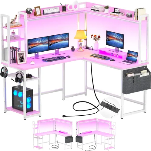 Vista 9 de Aheaplus Escritorio en forma de L con toma de corriente, escritorio para juegos en forma de L con luz LED y alacena, escritorio reversible