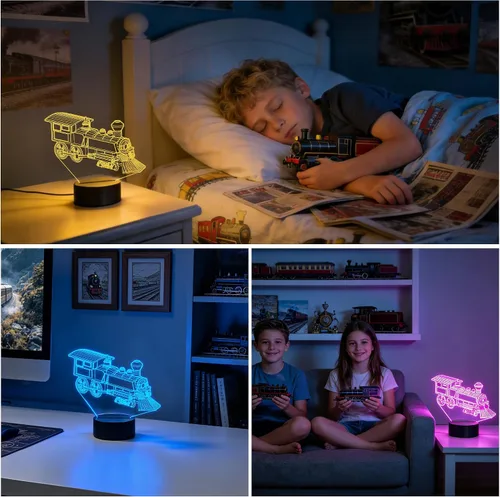 Vista 3 de FULLOSUN - Luz nocturna de tren, lámpara de ilusión 3D para niños, 16 colores que cambian con función de atenuación y control remoto, regalos