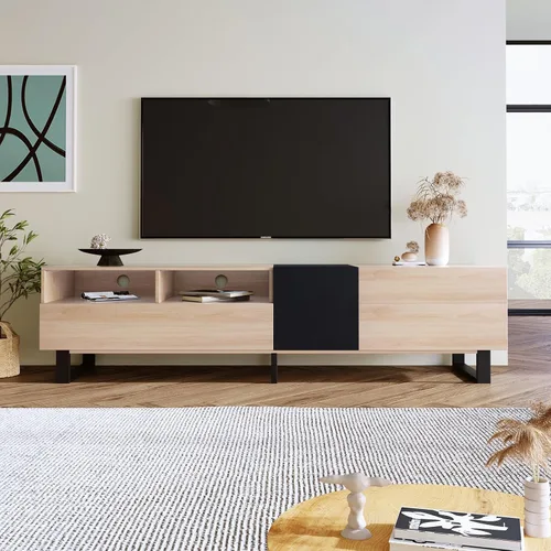 Vista 8 de Soporte de TV estilo tronco para TV de 80 pulgadas con doble espacio de almacenamiento, centro de entretenimiento con puerta abatible, gabinete