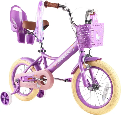 Vista 8 de RULLY Bicicleta para niños de 12, 14, 16 pulgadas, para niñas de 2 a 7 años con ruedas de entrenamiento y freno de mano delantero, bicicleta