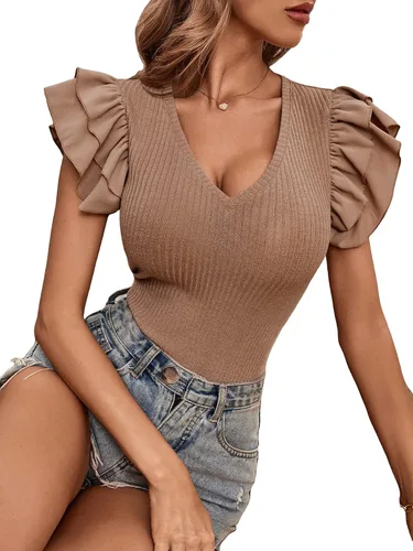 Vista 4 de Romwe - Body elástico para mujer, cuello en V, manga de malla con holanes.