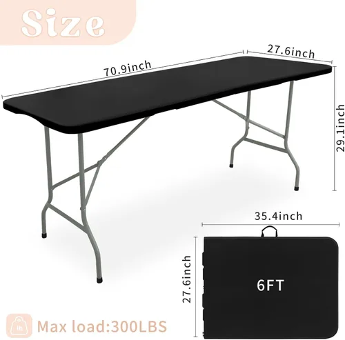 Vista 2 de Mesa plegable de 6 pies, mesa de camping portátil de plástico rectangular, mesa de comedor al aire libre, patas de acero, plegable por la mitad