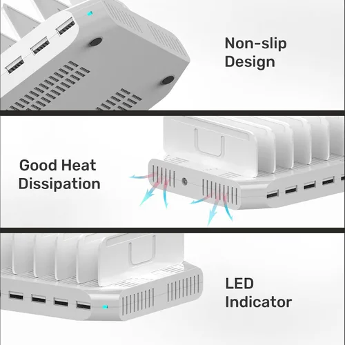 Vista 5 de Alxum Estación de carga múltiple, estación de carga USB de 10 puertos para múltiples dispositivos, base de carga de 60 W, 10 puertos, compatible
