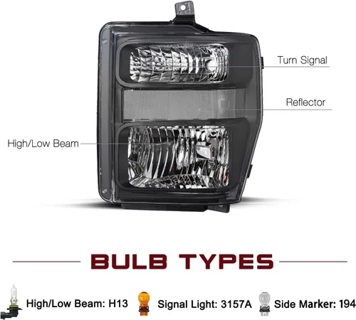 Vista 2 de JSBOYAT Juego de focos delanteros de repuesto con bombillas para Ford F250 F350 F450 F550 Super Duty 2008-2010. Carcasa negra con reflector