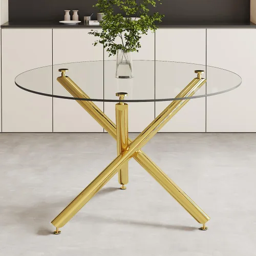 Vista 9 de Mesa redonda de comedor de vidrio para 4 a 6, moderna mesa superior de vidrio templado, patas cromadas resistentes, almohadillas ajustables