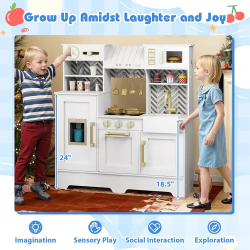 Vista 8 de Costzon Juego de cocina para niños, juego de cocina para niños pequeños con estufas, grifo, fregadero, máquina de café, campana extractora, horno