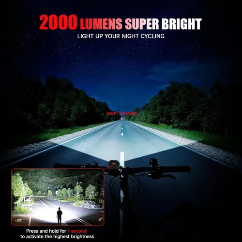 Vista 9 de Bike Light for Night Riding, 2000LM/1000LM Bicycle Headlight & Taillight, Multiple Modes,3000mAh/2000mAh USB C Rechargeable Waterproof LED Bright