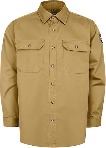 Vista 14 de Camisas FR grises para hombre, sarga de algodón de 7.5 onzas, manga larga, ajuste regular, cuello de punto, cuello Henley, 2 bolsillos de parche