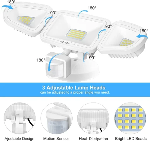 Vista 2 de MEIKEE Luces LED de seguridad de 42 W, luz con sensor de movimiento, luz de inundación al aire libre, 3600LM 6500K IP66 impermeable, 3 cabezales
