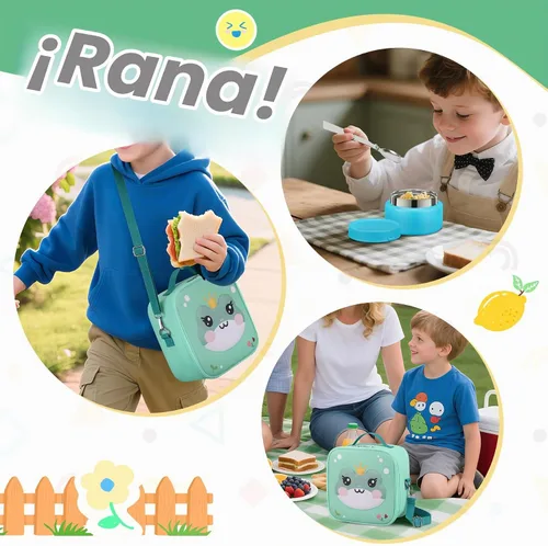 Vista 6 de Lonchera Bento para niños con termo de sopa de 9 onzas, recipientes de comida a prueba de fugas para niños con 4 compartimentos, bolsa de almuerzo