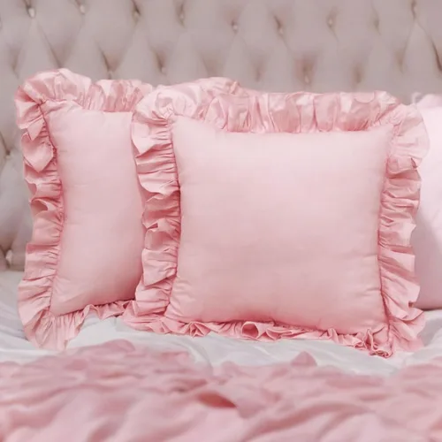 Vista 23 de Lemfux Juego de 2 fundas de almohada con volantes, fundas de almohada decorativas de algodón lavado, fundas de cojín lisas estilo desgastado y chic