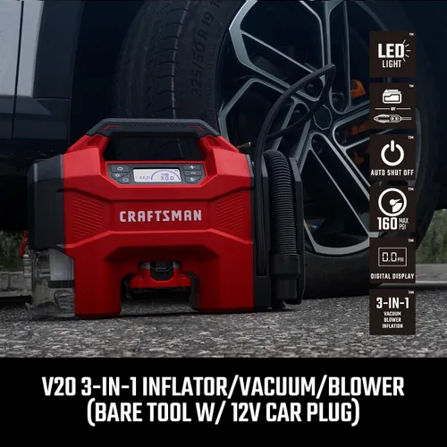 Vista 2 de CRAFTSMAN Inflador/Vacío/Soplador 3-EN-1, Compresor de Aire Portátil con Luz LED, Vacío o Soplador Silencioso para Coche, RV, Camión, 160 PSI, 12V