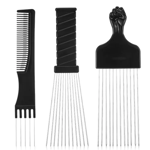 Vista 8 de Juego de 3 púas de metal para estilo afro, barba y rizado, peines para hombres y mujeres