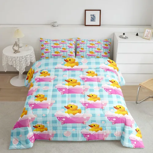 Vista 2 de Erosebridal Juego de ropa de cama a cuadros azul para niños, juego de cama individual con diseño de patos amarillos de dibujos animados, juego