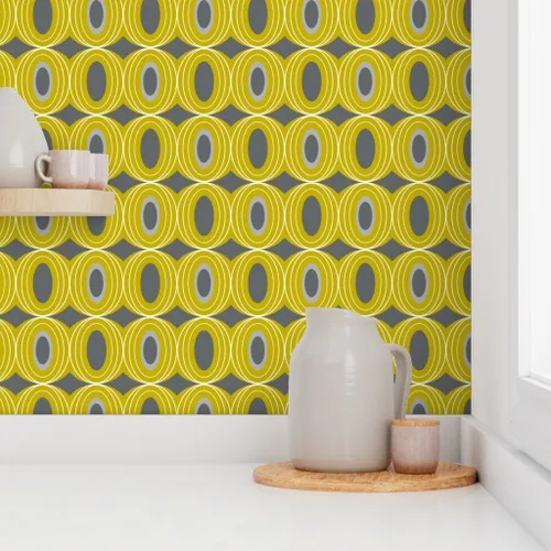 Vista 8 de Peel & Stick Wallpaper Swatch - Retro Geometric Mid Century Modern Yellow Gray Scale Geo Circles Vintage Custom Removable Wallpaper by Spoonflower