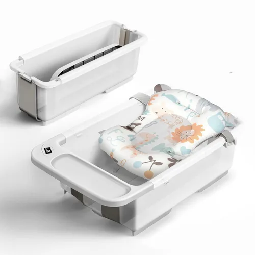 Vista 8 de Bañera plegable para bebé con soporte, bañera grande para bebé con termómetro y cojín Bañera portátil de viaje para recién nacidos Bañera