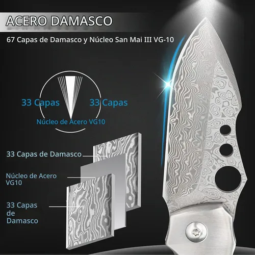 Vista 2 de NedFoss Navaja de bolsillo de Damasco para hombres, navaja de bolsillo forjada a mano con hoja de acero VG10 de Damasco con mango de madera, clip