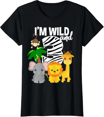 Vista 40 de Camiseta de cumpleaños con temática de zoológico de I'm Wild and 3, Negro, S