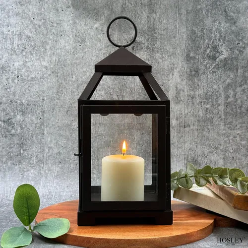 Vista 2 de Hosley's Farol estilo clásico, de 12 pulgadas de alto, de hierro y vidrio Regalo ideal para celebraciones, fiestas, bodas, Aromaterapia y Spa.