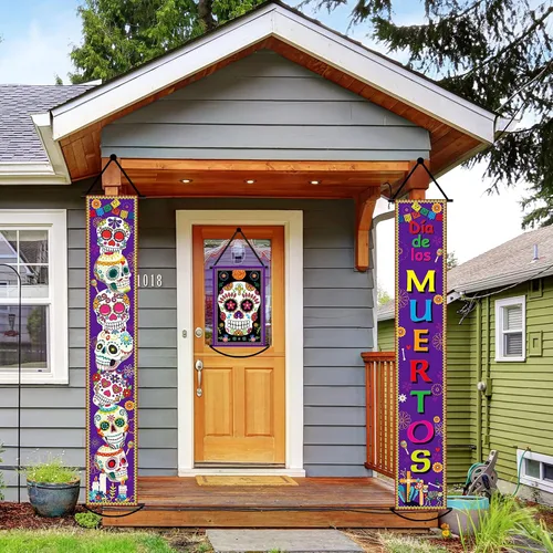 Vista 8 de Juego de 3 pancartas de decoración del Día de los Muertos para fiesta mexicana, decoración del Día de los Muertos, letrero de porche, bandera
