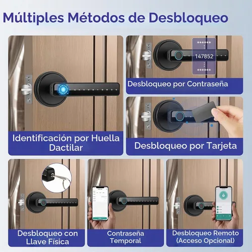 Vista 2 de Perilla de puerta con huella dactilar, perilla de puerta inteligente 5-en-1 de función completa, cerradura de puerta con huella dactilar