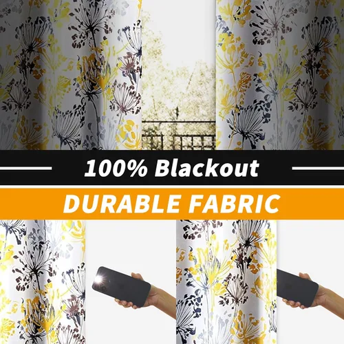 Vista 2 de Cortinas DriftAway 100% Blackout Amarillas y Blancas para Sala de Estar, Dormitorio, Cocina, 84 Pulgadas de Largo, Paneles Botánicos con Flores