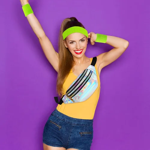 Vista 2 de ONUPGO Calentadores de piernas para mujer, accesorios de disfraces de los años 80, riñonera holográfica, calentadores de piernas de neón de punto