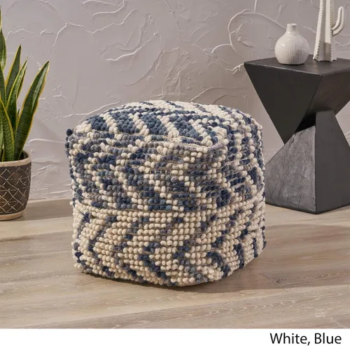 Vista 9 de GDFStudio Taburete otomano de lana y algodón estilo bohemio – Puf – Silla de pie – Sofá reposapiés para sala de estar, dormitorio, blanco y azul