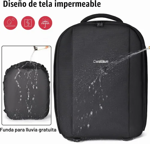 Vista 3 de Cwatcun Mochila profesional para cámara réflex digital con puerto de carga USB, cubierta para lluvia, mochila para computadora portátil de Negro