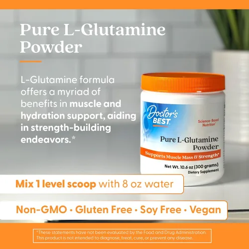 Vista 5 de Doctors Best Pure L - Suplemento en polvo de glutamina para hombres y mujeres, L-glutamina 0.18 oz por porción, soporte de aminoácidos, apoya
