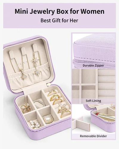 Vista 3 de Vlando Pequeño organizador de joyero de viaje Anillo de regalo para mujer, aretes, collares, vitrina de almacenamiento para niñas, color morado