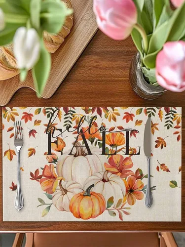 Vista 3 de Manteles individuales para mesa de comedor, juego de 4 manteles individuales para otoño, Acción de Gracias, calabaza, flor y girasol, manteles