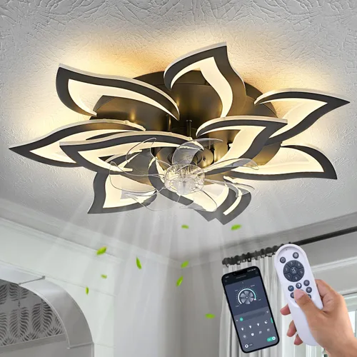 Vista 19 de Ventilador de techo de perfil bajo con control remoto y aplicación, motor silencioso y luz LED regulable, ventilador de techo de montaje empotrado
