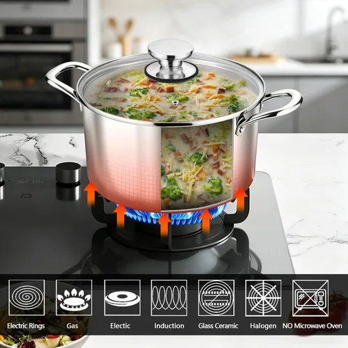 Vista 5 de P&P CHEF Olla de 4 cuartos de galón de acero inoxidable tricapa, olla de 4 cuartos de galón para cocinar pasta con tapa visible para sopa