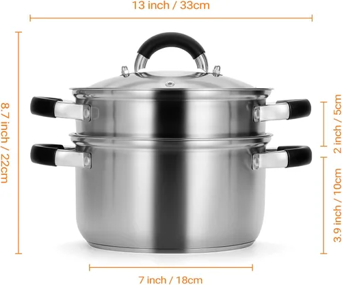 Vista 2 de Kirecoo Vaporizador de 3.2 cuartos de galón para cocinar - Olla de vapor de acero inoxidable con cesta de vapor, olla de cocción con mango
