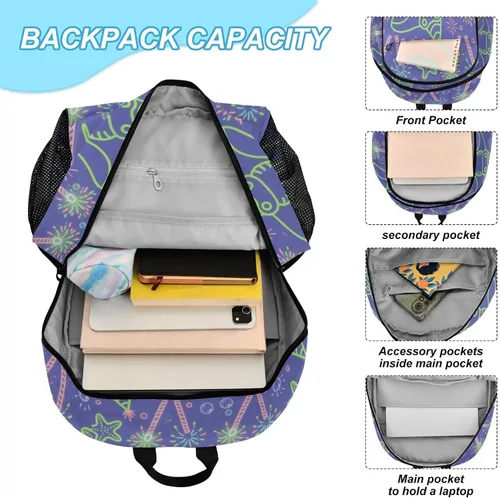 Vista 4 de Animal infantil Manta Ray Fuegos Artificiales Púrpura Mochila Para Niño Mochila Con Caja De Almuerzo Niños 10-12 mochilas y loncheras escolares
