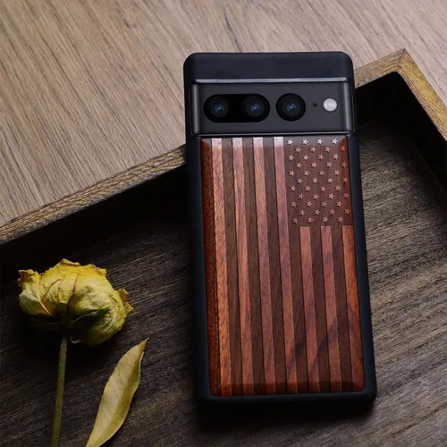 Vista 4 de Carveit Funda de madera para Pixel 7 Pro [madera natural y TPU suave negro] a prueba de golpes, funda de madera única y elegante compatible