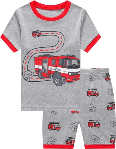 Vista 10 de Popshion Pijamas cortas de 2 piezas para niños pequeños, ropa de dormir de tiburón de tren, 100% algodón, pijamas de dinosaurio para niños pequeños