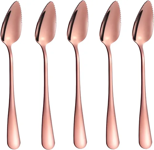 Vista 7 de 5 piezas de cucharas para pomelo, juego de utensilios de cuchara para pomelo de acero inoxidable, borde dentado y mango de calibre grueso
