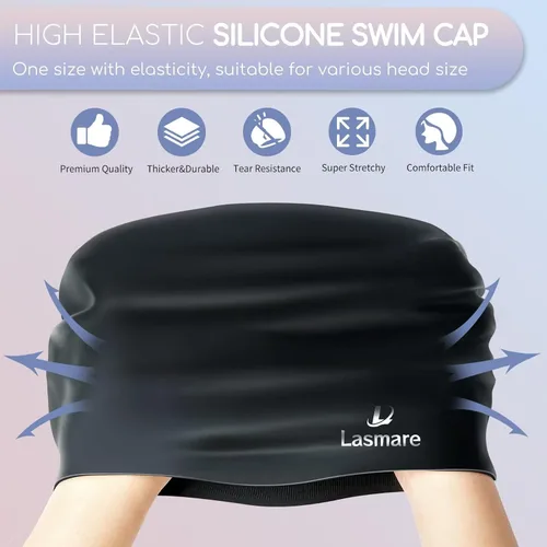 Vista 3 de Long Hair Swim Cap for Women 2 Pack, Silicone Swimming Caps for Unisex Adult Women Men with Ear Plugs & Nose Clip Set, Waterproof Adult Swim Hats