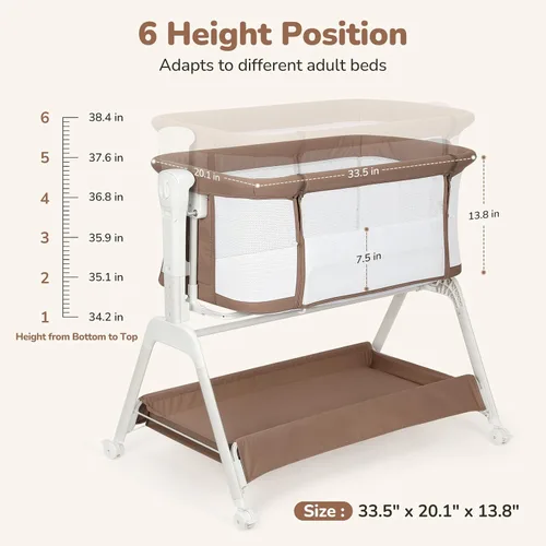 Vista 8 de Ezebaby Rocking Baby Bassinet Bedside Sleeper: 3-in-1 Bedside Bassinet for Baby - Breathable Full-Mesh Crib with Mattress 6 Height Adjustable with