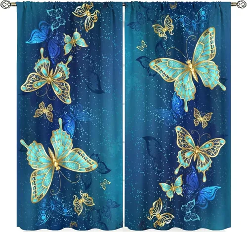 Vista 9 de Cortinas opacas de pavo real, hermoso patrón de estampado de flores de pavo real azul, estampado de mariposas y pavo real, juego de 2 paneles