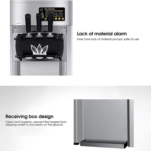 Vista 4 de Máquina de helado comercial de 3 sabores de 18L/H, máquina de helado granizado de 1200 W profesional con pantalla LED, limpieza automática