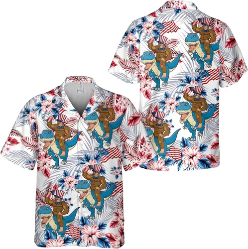 Vista 3 de American Bigfoot - Camisa hawaiana para hombre, divertida camisa hawaiana con botones Sasquatch de manga corta para hombre