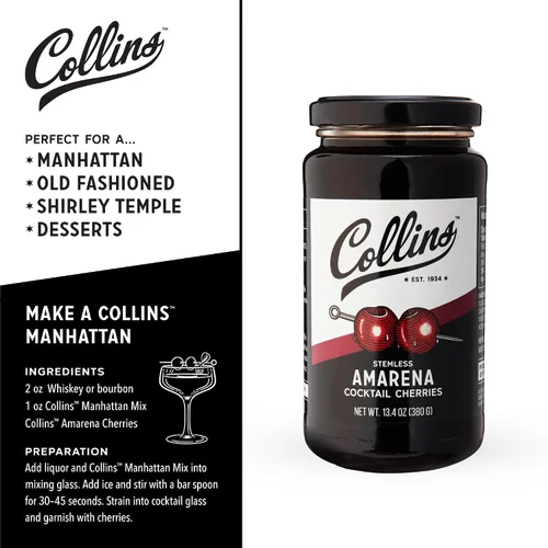 Vista 3 de Collins Amarena Cherries - Guarnición de cóctel prémium para cócteles, mezclas antiguas, cerezas italianas, tarro de cereza agria dulce de 13.4 onzas
