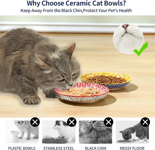 Vista 4 de Selamica Cuencos de cerámica para gatos, 6 pulgadas de ancho poco profundos para aliviar la fatiga de los bigotes, juego de 4, colores surtidos