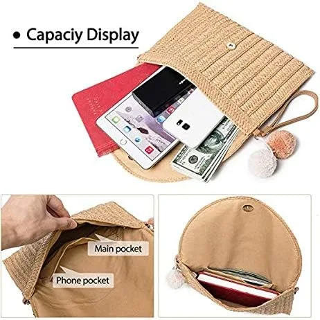 Vista 5 de MOBEBI Bolsa tejida de ratán, bolsa de hombro, bolsa de pajita, bolsa de verano para la noche, bolso de mano, tejido de pajita, bolsa de paja