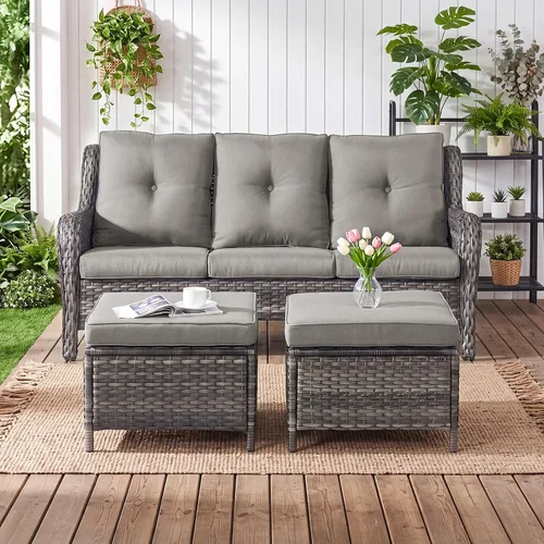 Vista 30 de Rilyson Sofá de mimbre para patio al aire libre, capacidad de peso de 900 libras, sofá grande de mimbre de 3 plazas con cojines de asiento de 4