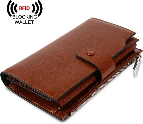 Vista 3 de YALUXE Cartera de piel auténtica para mujer, con bloqueo RFID, tarjetero múltiple con bolsillo para teléfono celular